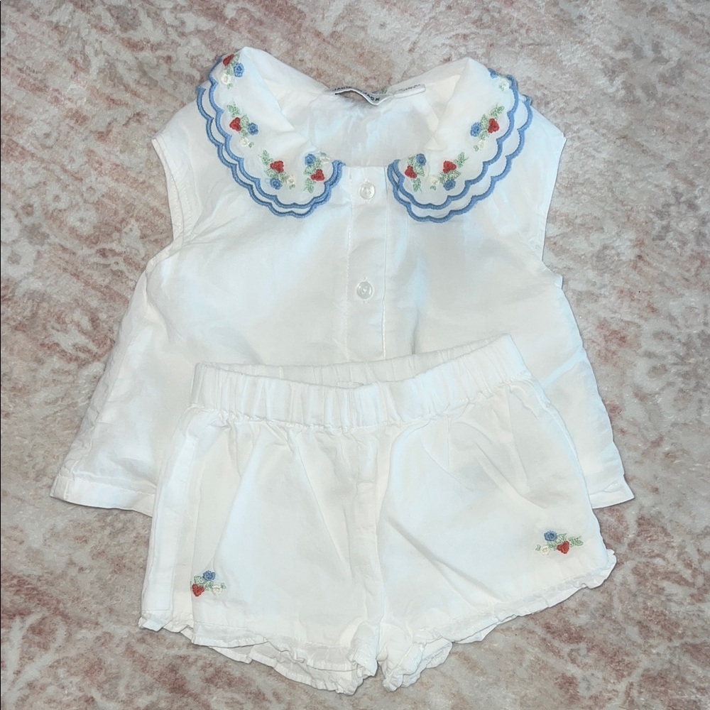 EUC Janie & Jack White Cotton Set with blue & red flower embroidery- Ruffle